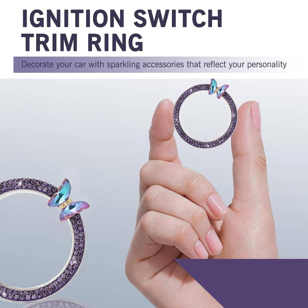 Purple rhinestone ignition switch trim ring with iridescent butterfly bow charm