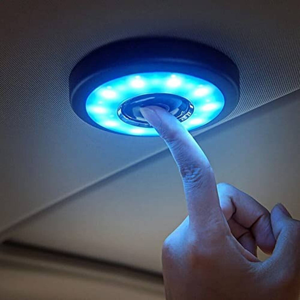 USB rechargeable LED car ceiling light showing bright blue ring glow and switch