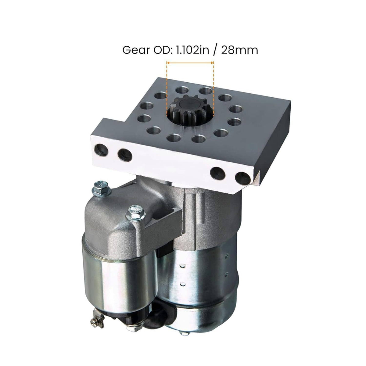 Starter motor with black top plate, exposed gear, and silver cylindrical body