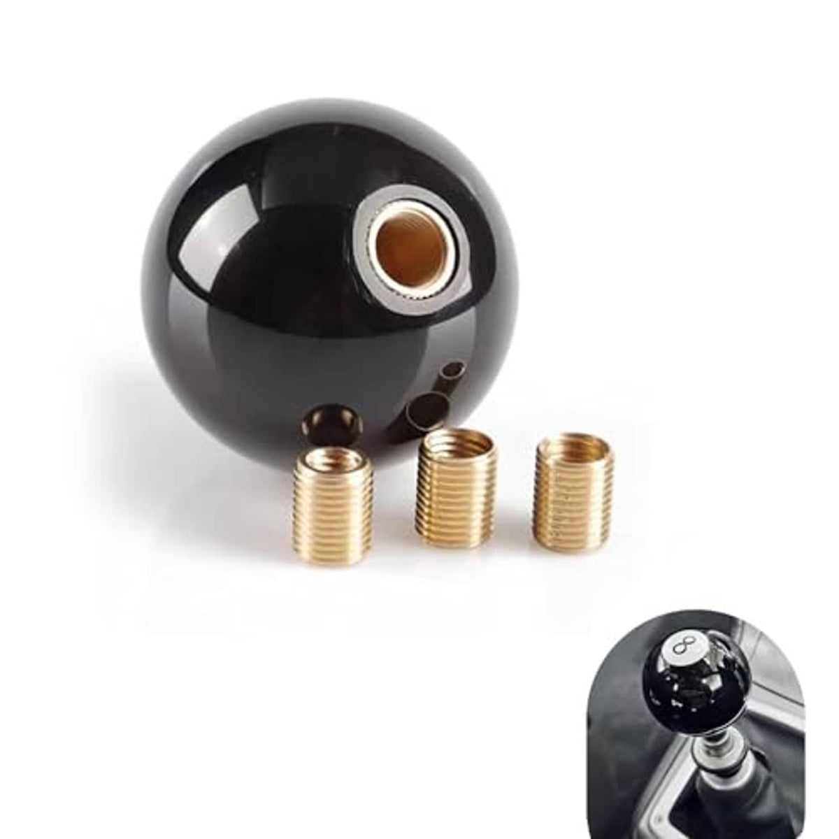 Black 8-ball round gear shift knob with gold threaded adapters and visible 8 emblem