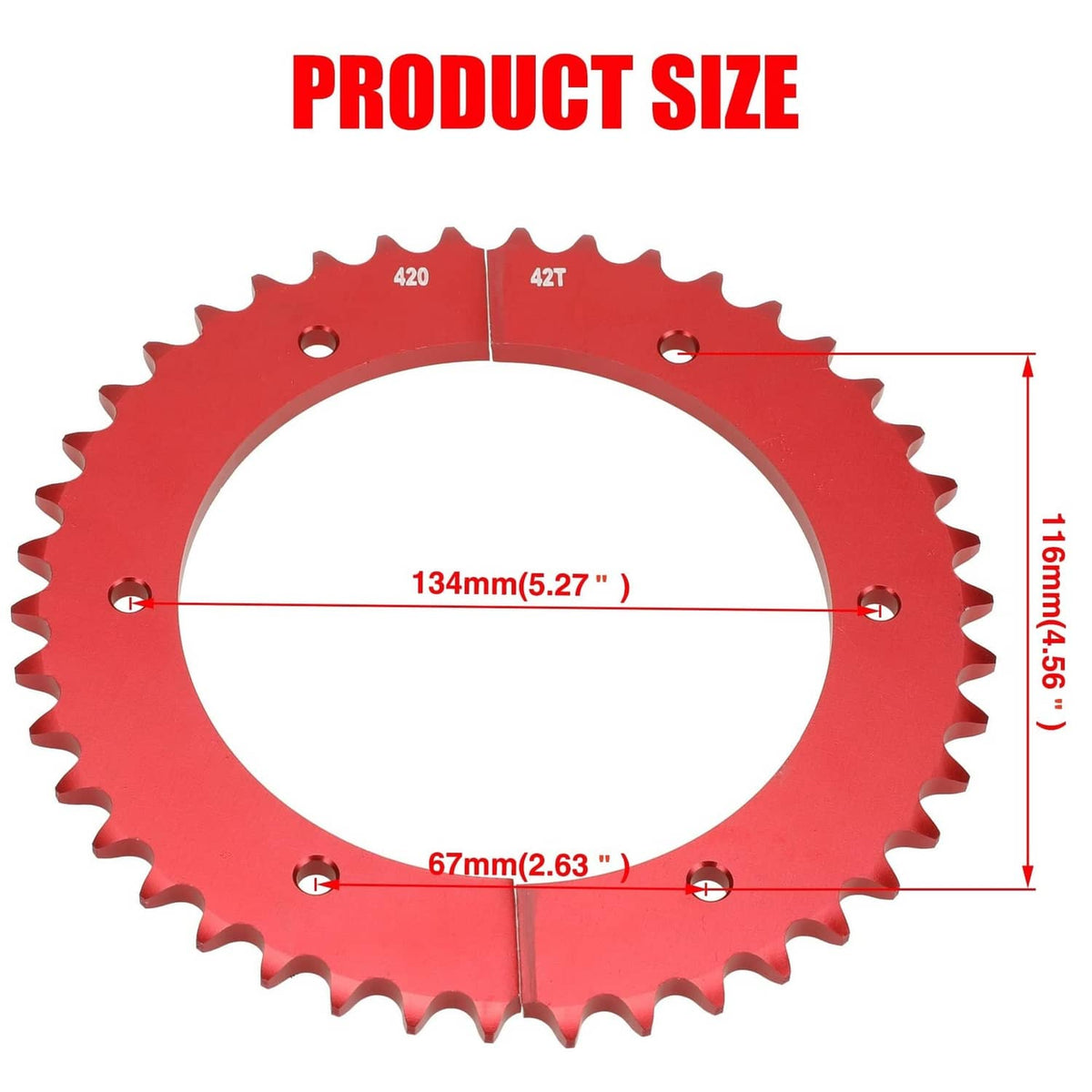 Red 42T split sprocket gear with labeled size dimensions, two-piece
