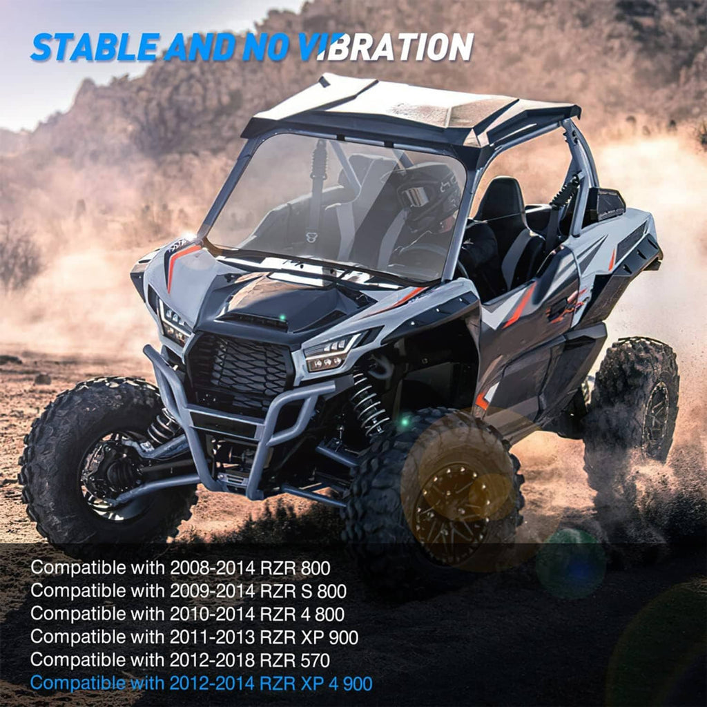 Full clear windshield on an off-road UTV with black frame and side opening