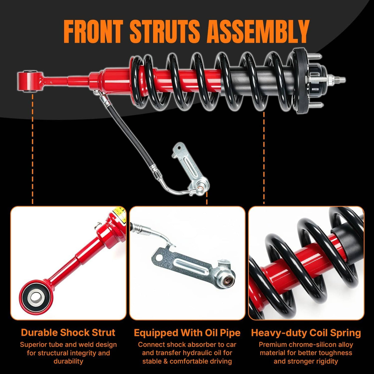 Front strut assembly with red damper body, black coil spring, and attached link bracket