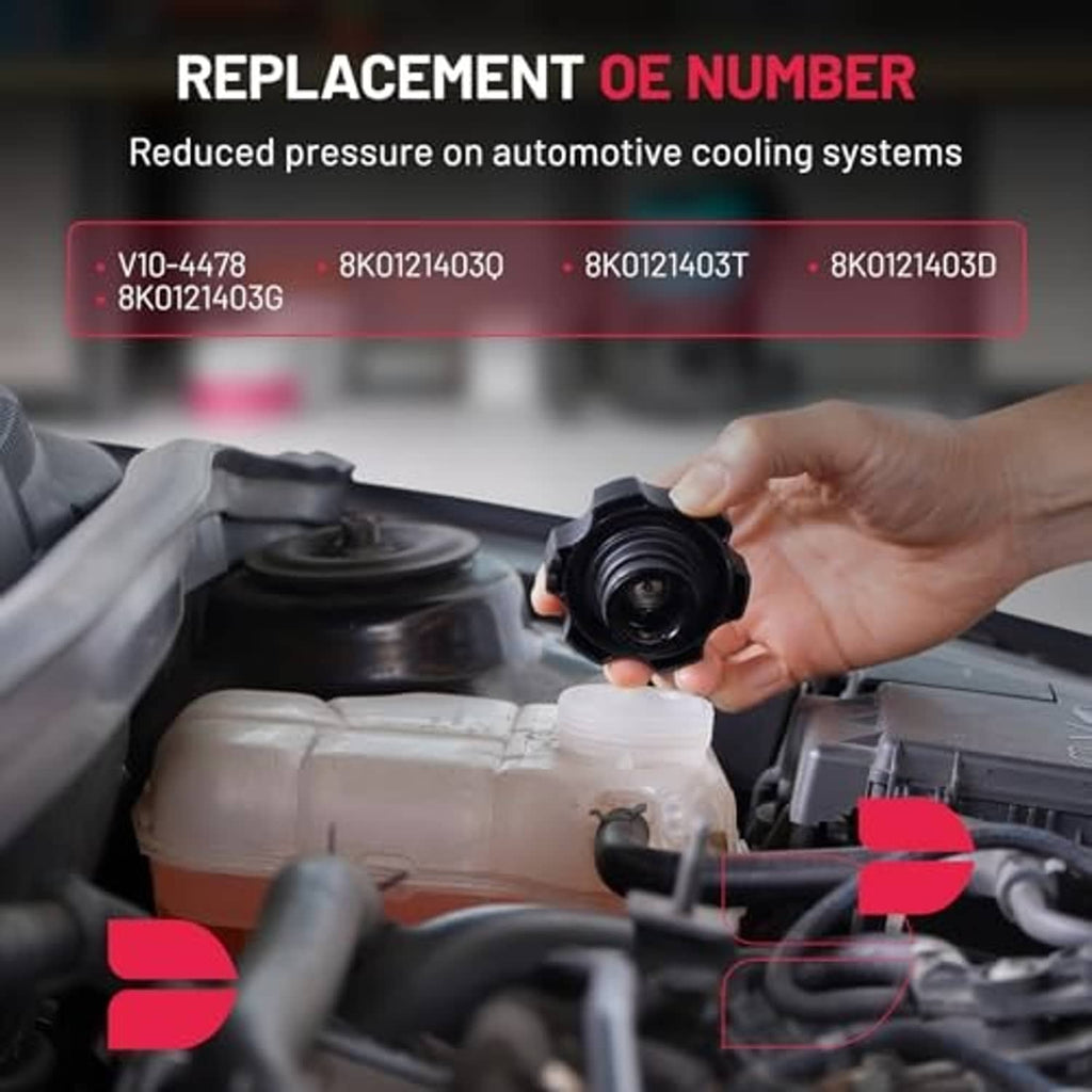 Engine bay coolant reservoir with blue cap; hand replacing cap on housing