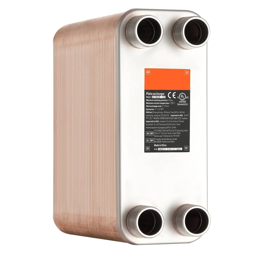 Brazed plate heat exchanger with copper body, white cover panel, and four MNPT ports