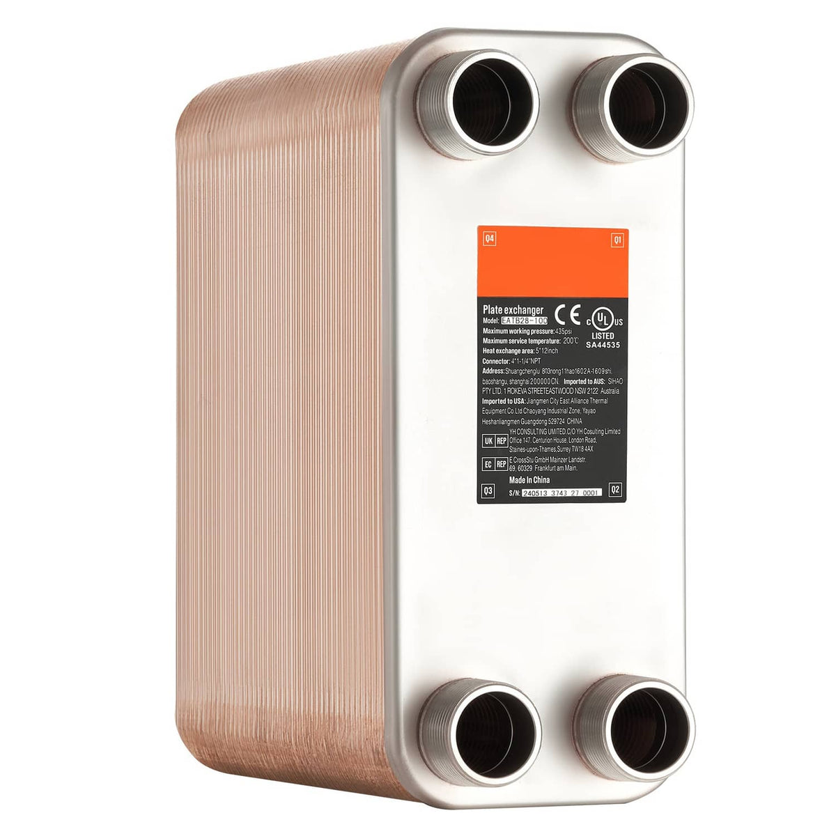 Brazed plate heat exchanger with copper body, white cover panel, and four MNPT ports