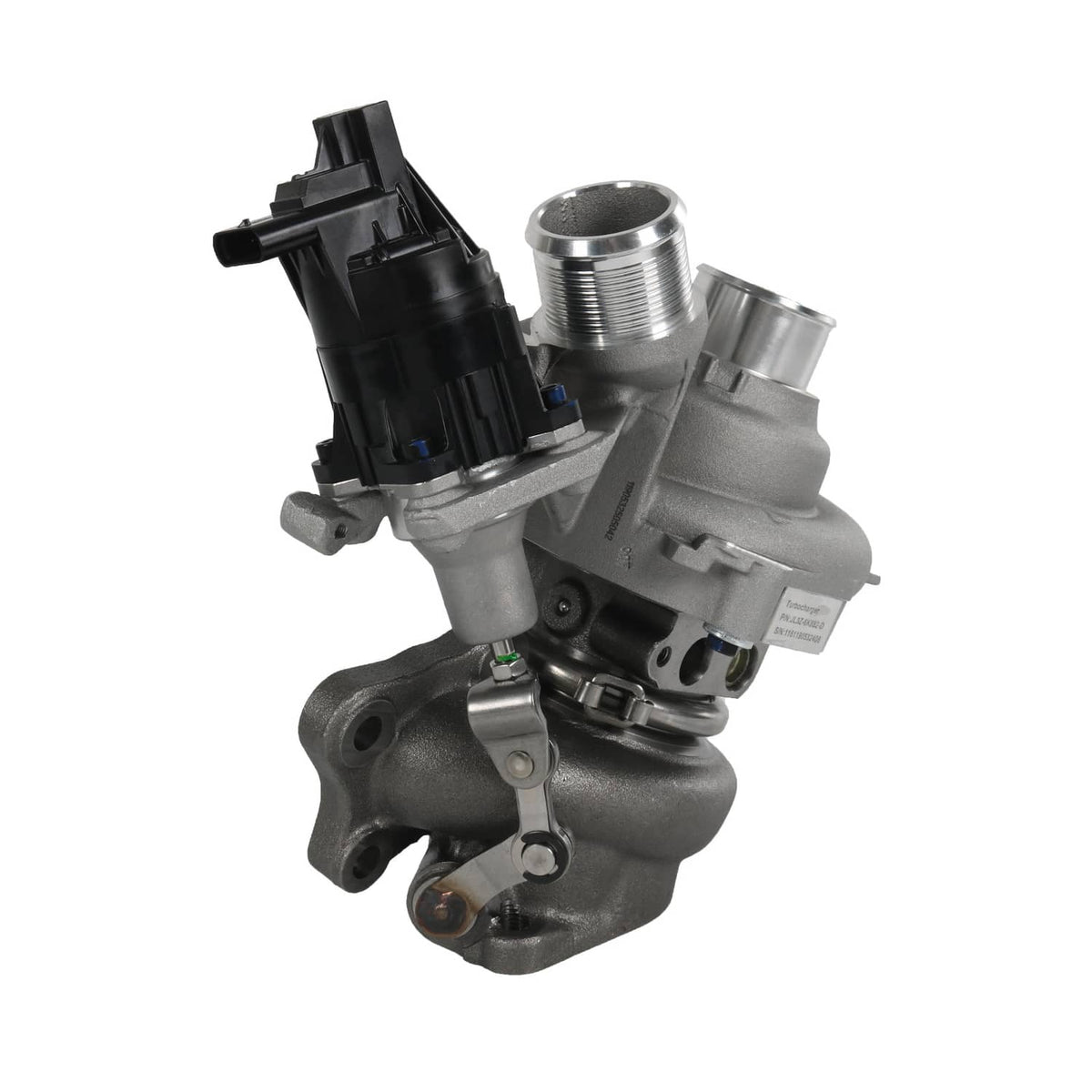 Right-side turbocharger assembly with metal housings, black module, and green-tipped sensor