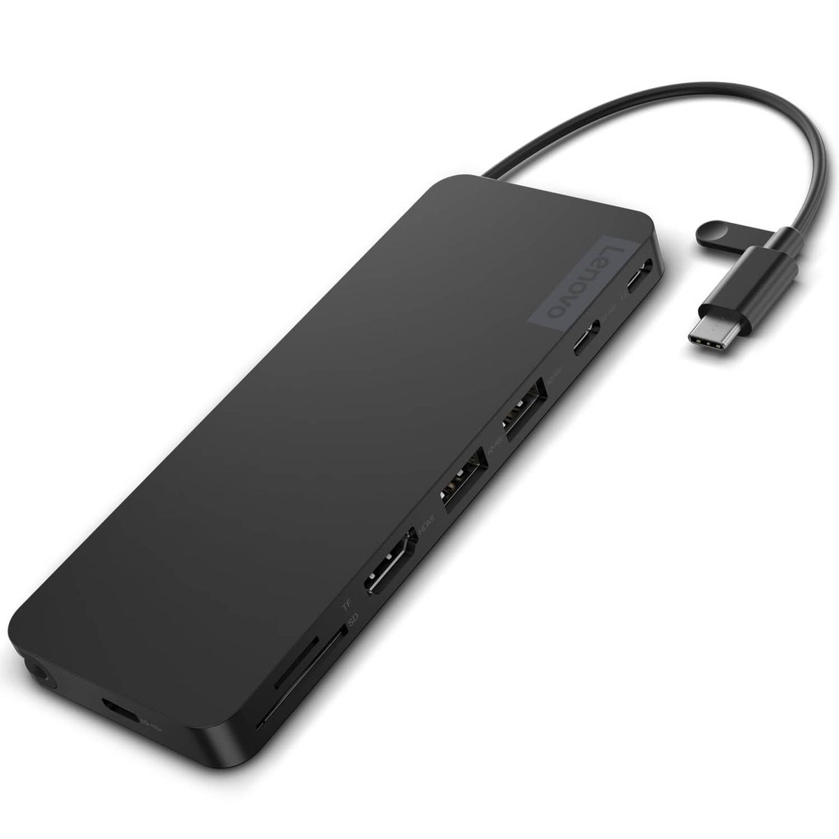 Black slim USB-C travel dock with multiple ports and attached USB-C cable