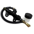 Rear brake master cylinder pump with black reservoir and coiled hose