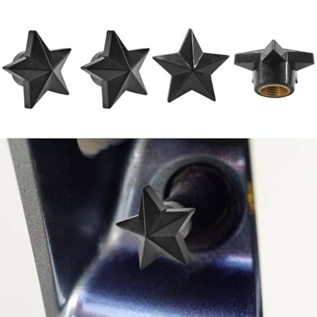 Black five-point star tire valve stem cap set, close-up of star design and threaded base