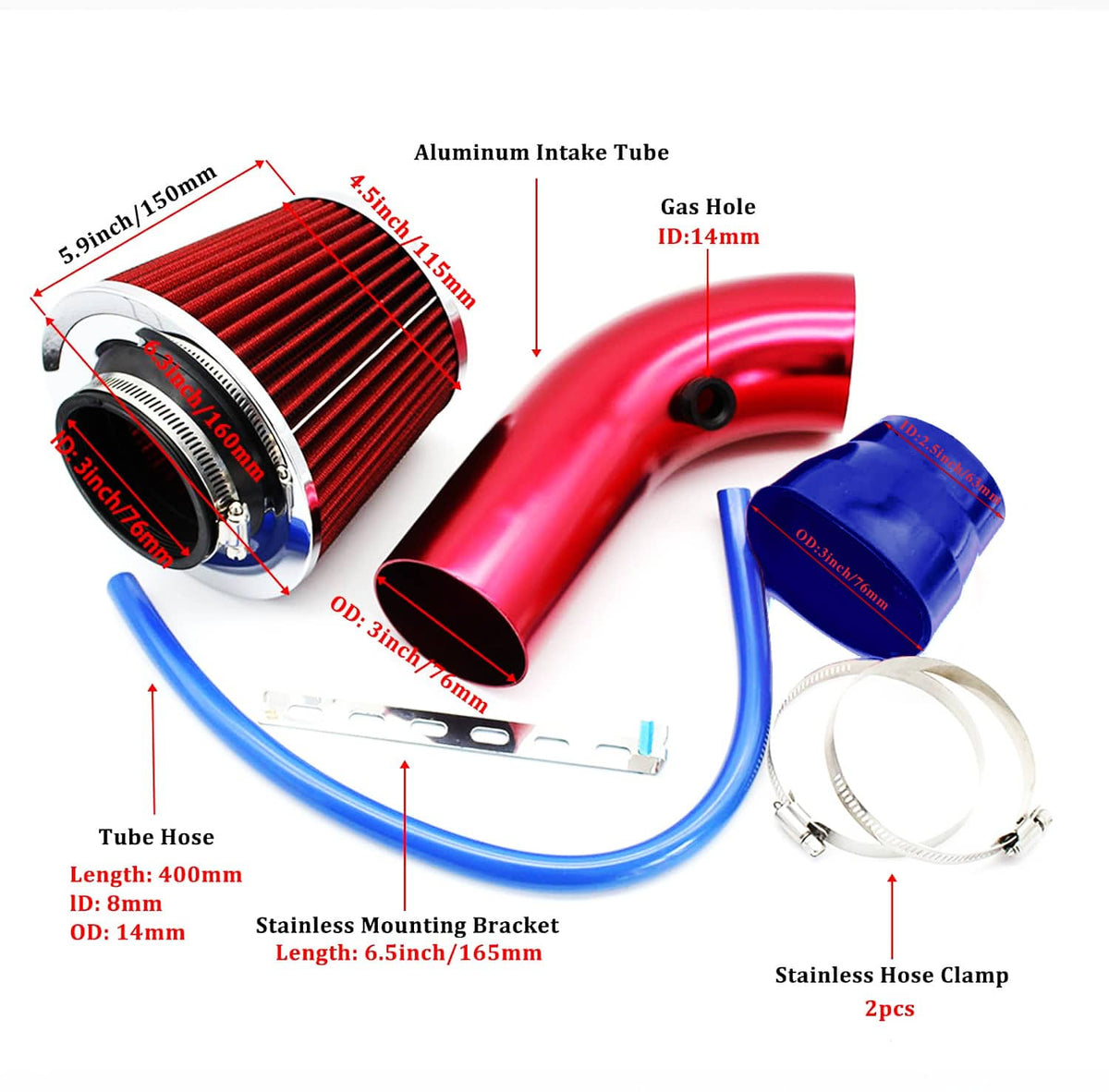 Cold air intake kit components: red aluminum intake tube, cone filter, blue tube, clamps