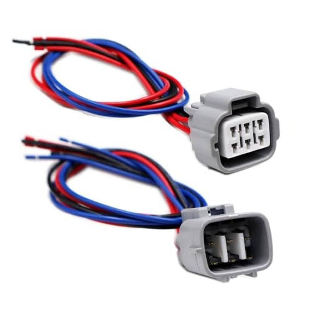 Two 6-pin headlight connectors with gray plugs and red/blue wire leads
