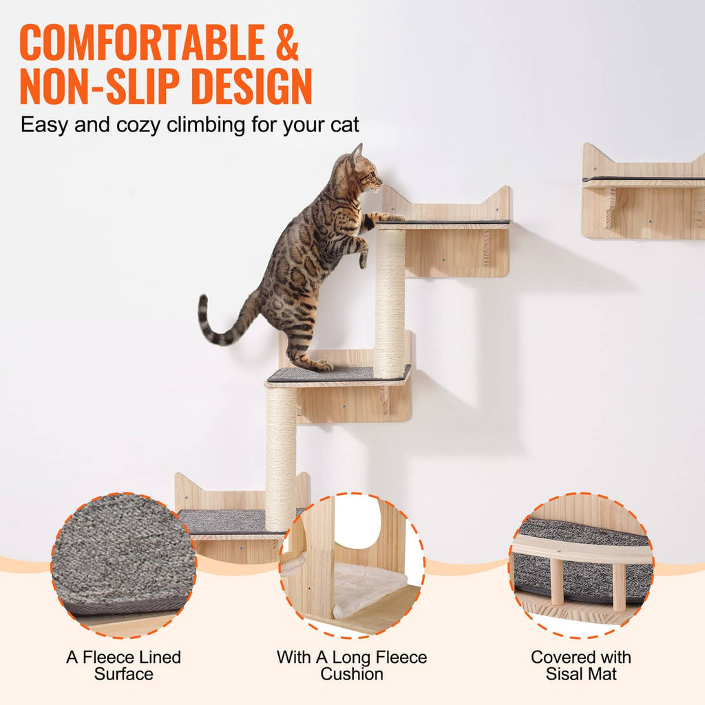 Wall cat shelves with fleece-lined surfaces and covered sisal mat on the jumping platforms