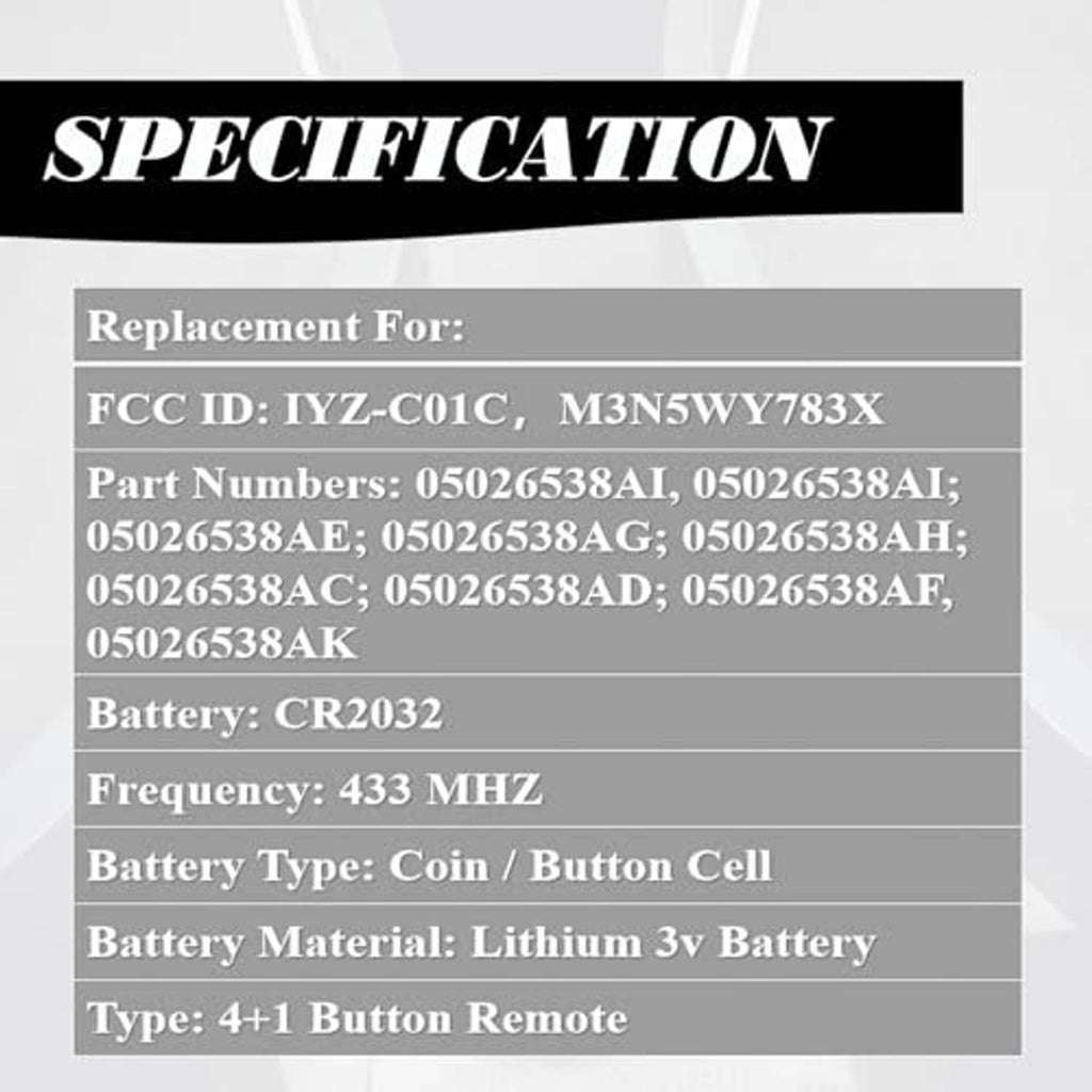 Specifications for key fob replacement: FCC ID, CR2032 battery, 433 MHz frequency, battery type