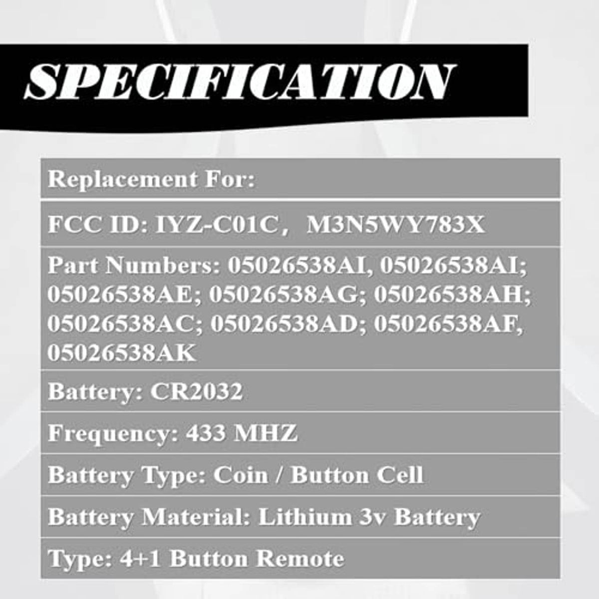 Specifications for key fob replacement: FCC ID, CR2032 battery, 433 MHz frequency, battery type