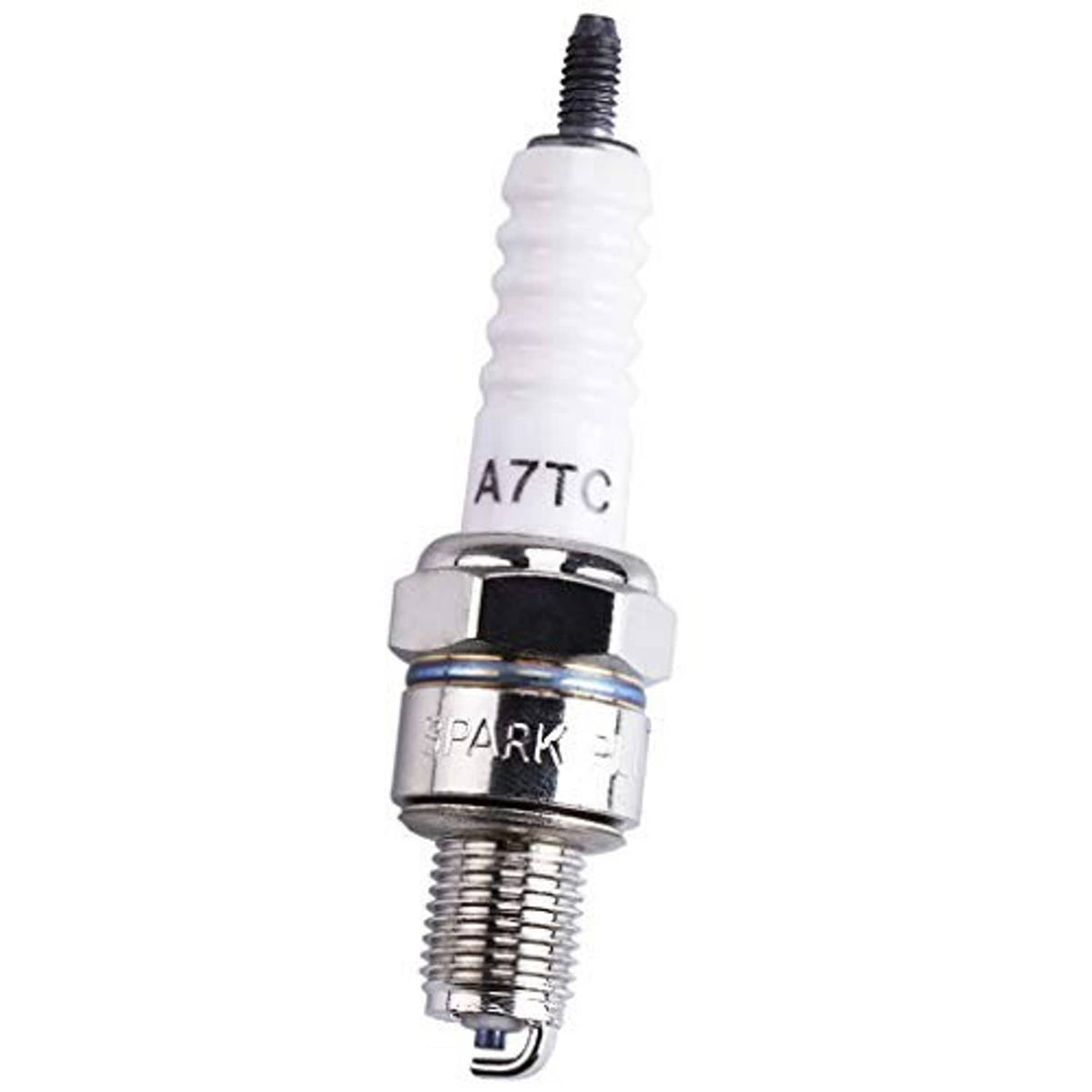 Spark plug with white insulator and metal threaded body, marked A7TC