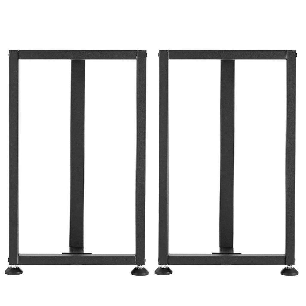 Pair of black steel T-frame table legs, front view with rubber leveling feet