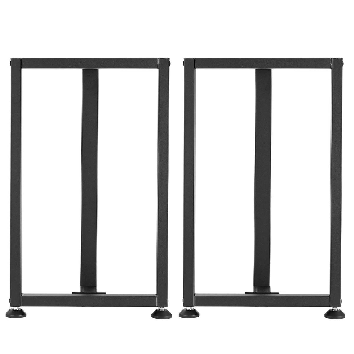 Pair of black steel T-frame table legs, front view with rubber leveling feet