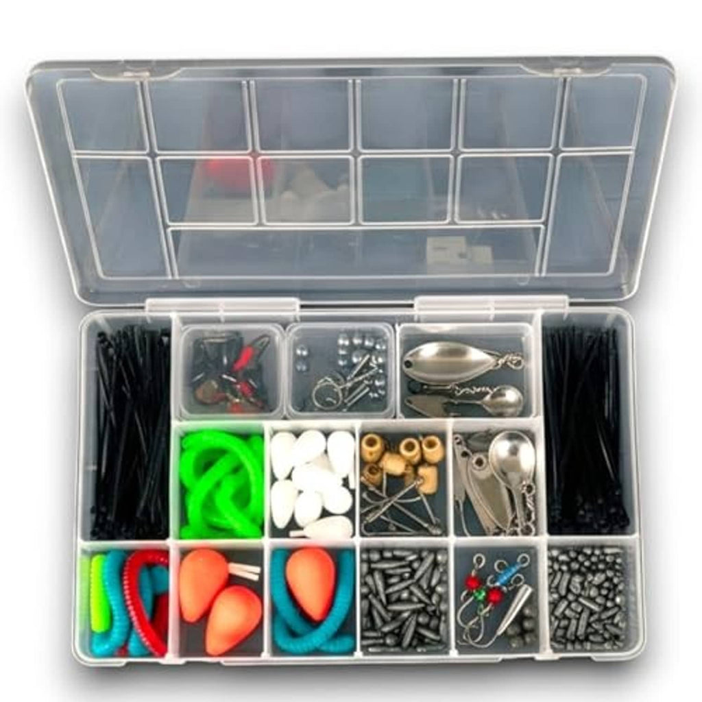 Clear plastic tackle box organizer with hinged lid and 13 compartments, tackle-filled