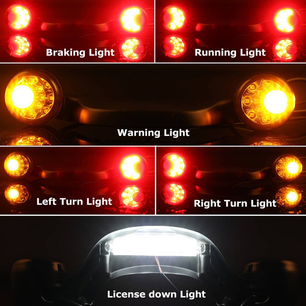 Rear brake and turn light bar showing amber glowing LEDs in multiple patterns