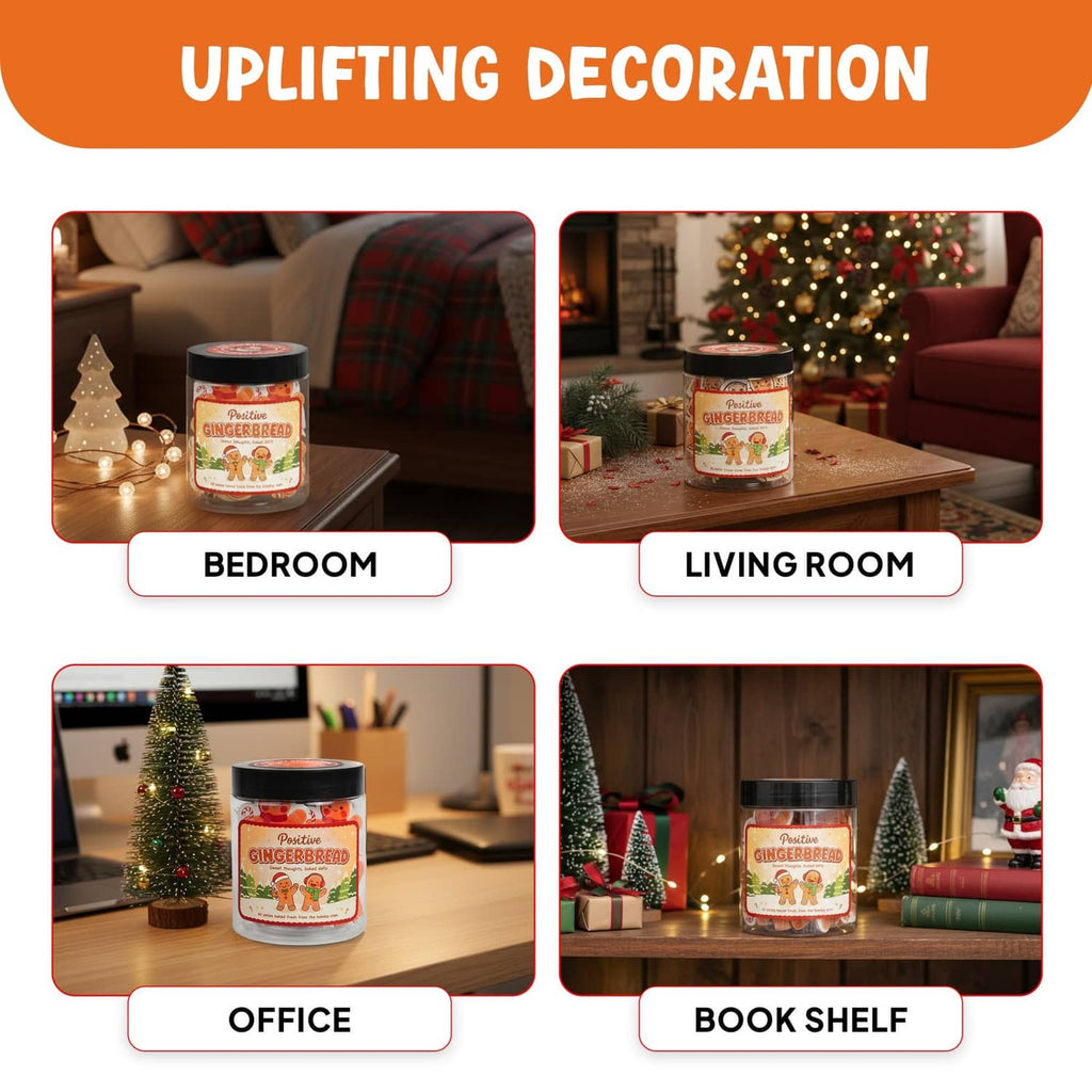 Gingerbread affirmation jar with black lid, shown with holiday decor and display card props