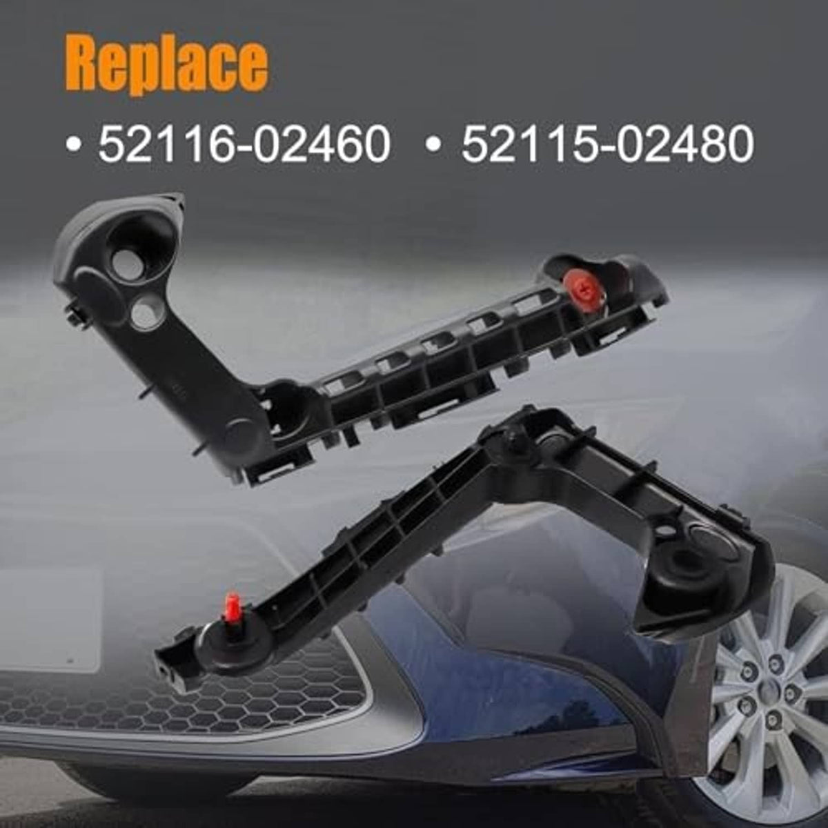 Black front bumper mounting brackets with red clips and support bar grilles