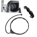 Black fuel filler cap strap with clip and coiled tether, for securing the gas tank cover