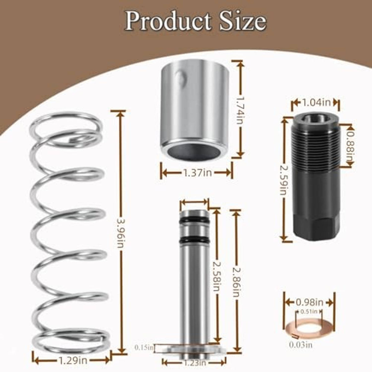 Pump piston replacement kit parts: coiled spring, metal cylinder, plunger rod, black housing
