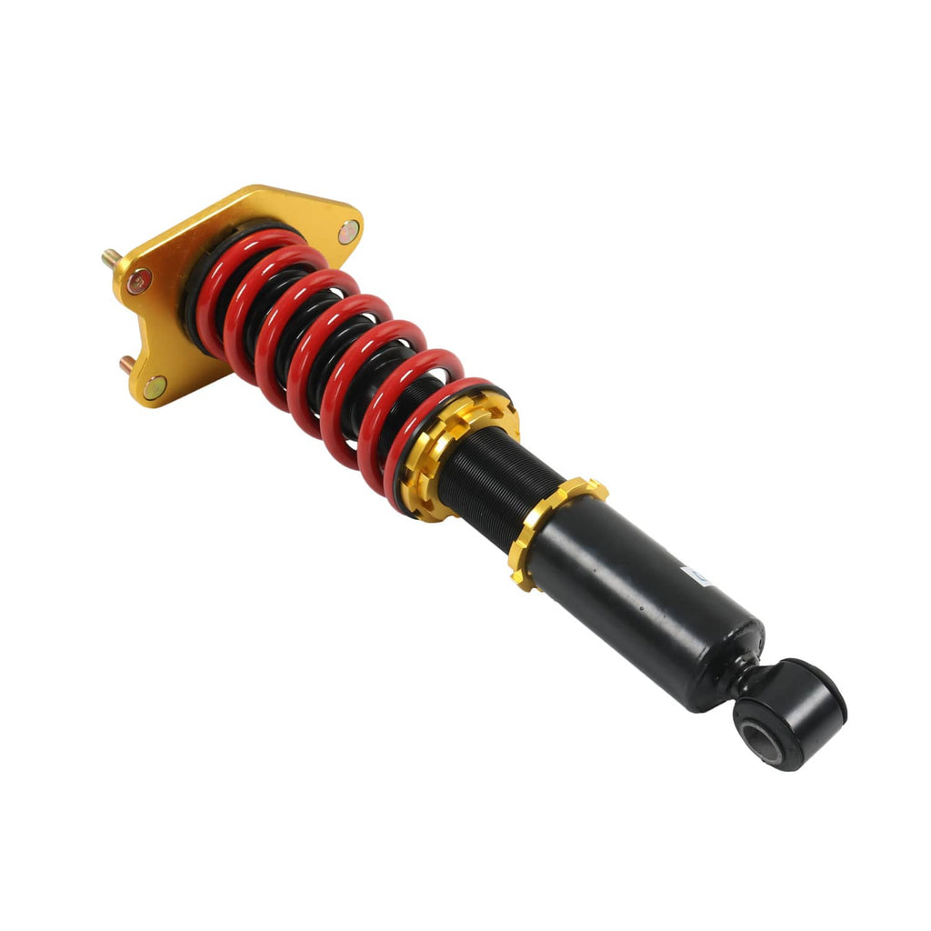 Coilover strut with red spring coils, black shock body, and gold base plate with bolts