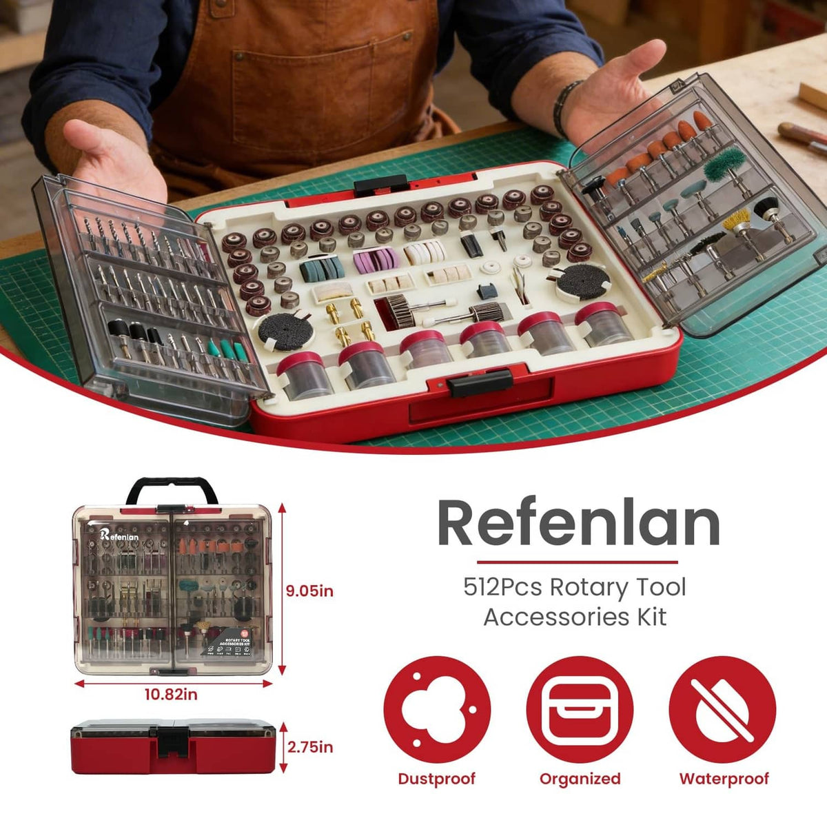 Rotary tool accessories kit contents in organizer case with assorted bits and wheels