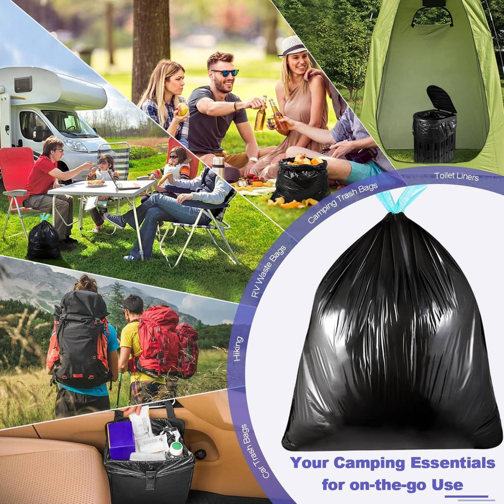 Black portable toilet bag for camping shown with on-the-go outdoor use scenes