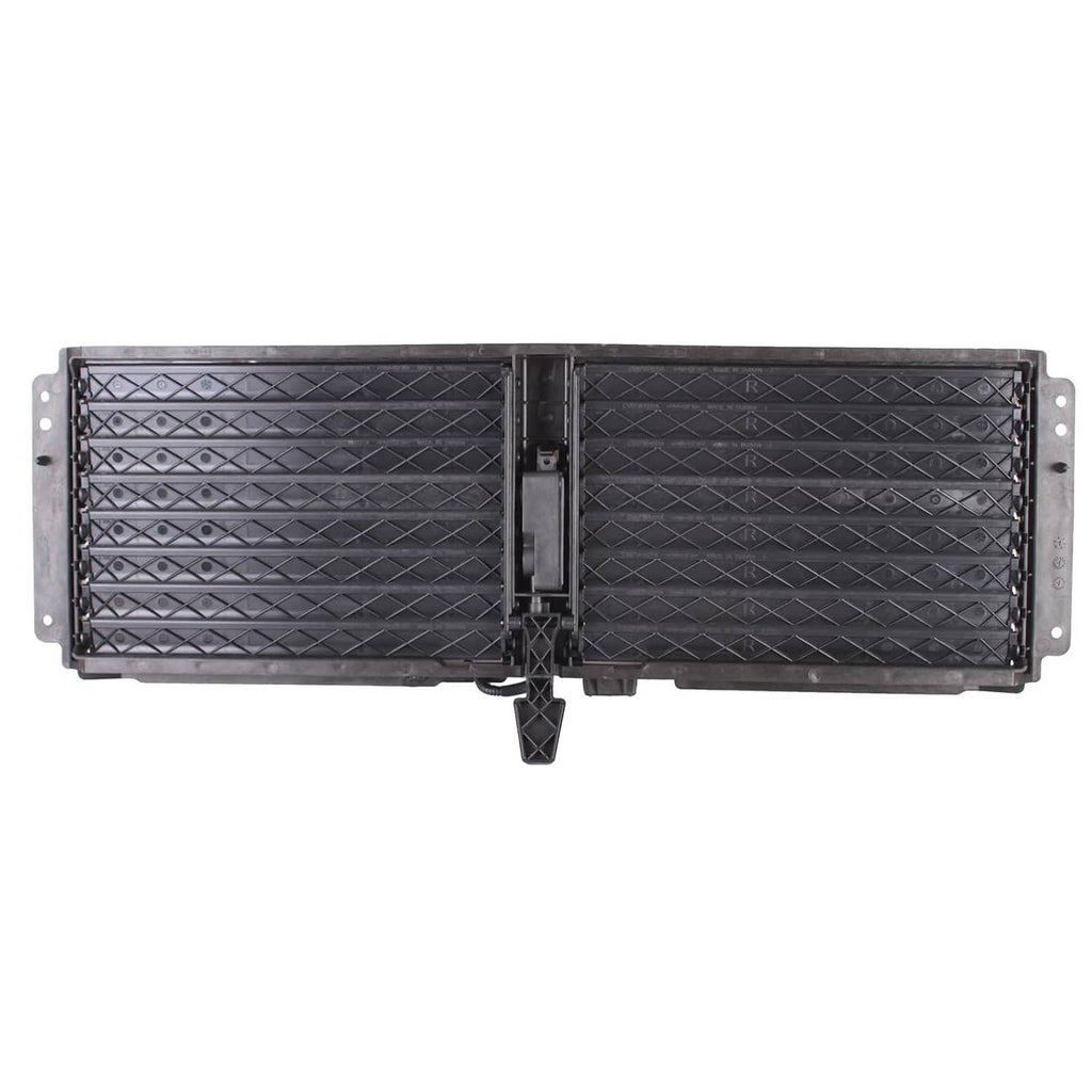 Front active grille shutter with perforated mesh louvers and hinged center shutter