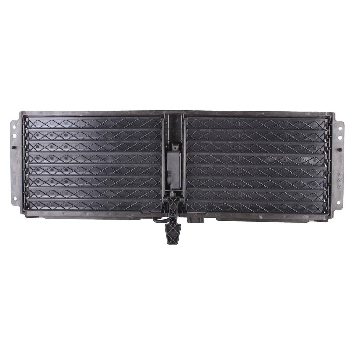 Front active grille shutter with perforated mesh louvers and hinged center shutter
