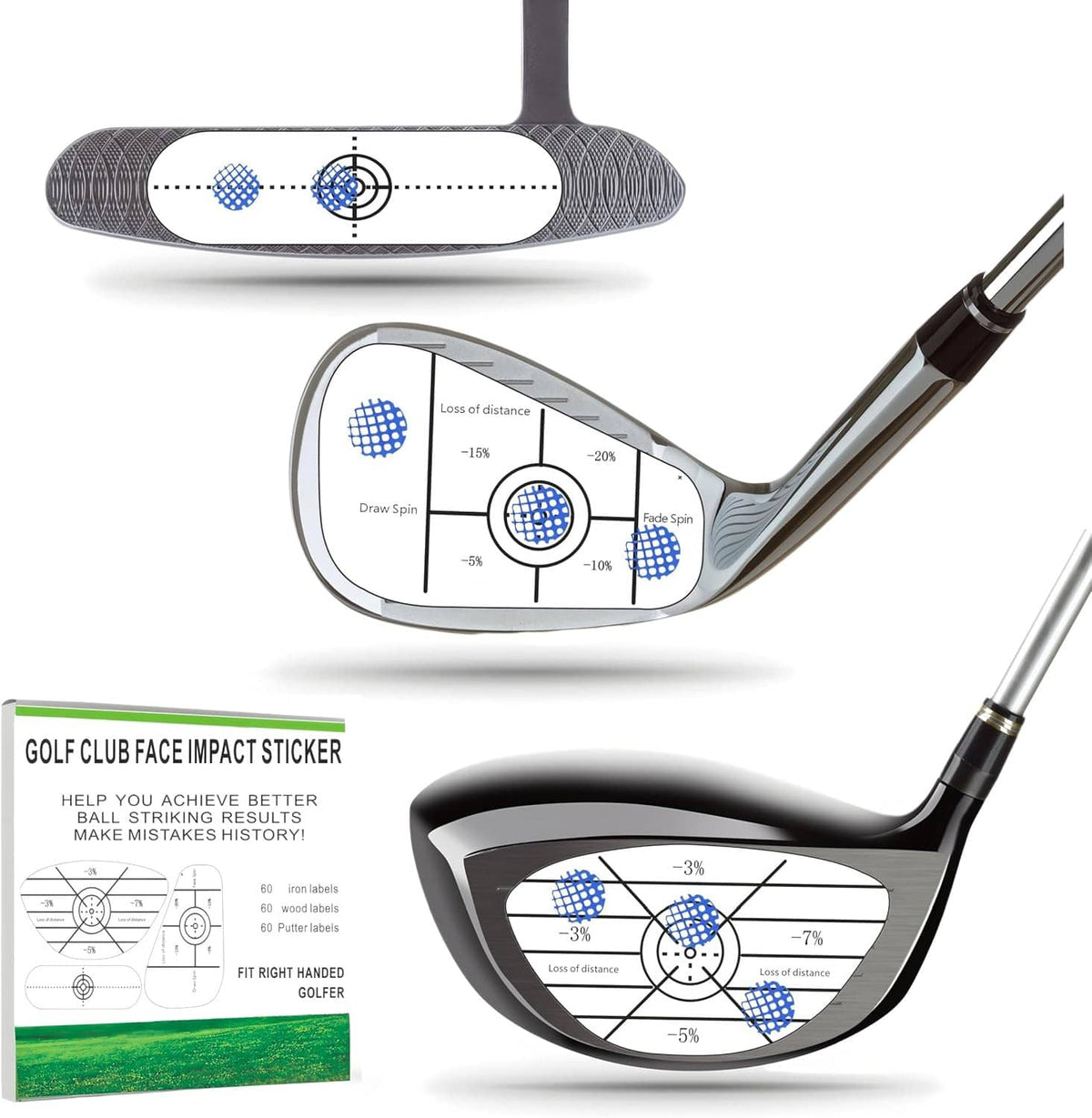 Golf impact tape labels set with putter alignment and club-face target dots