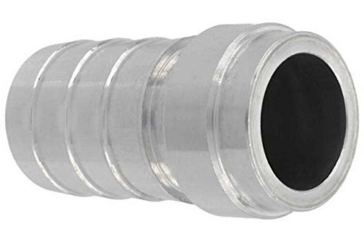 Aluminum weld barb hose fitting angled view with round opening and ribbed collar, silver