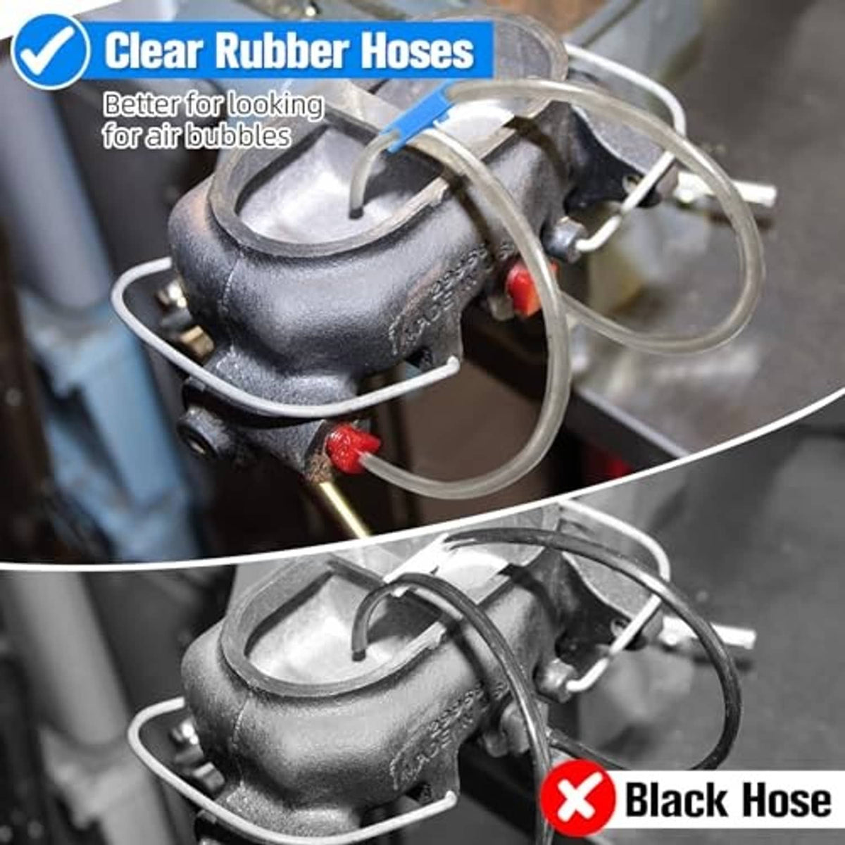 Clear rubber bleeder hoses routed from a vehicle master cylinder, with red and blue fittings