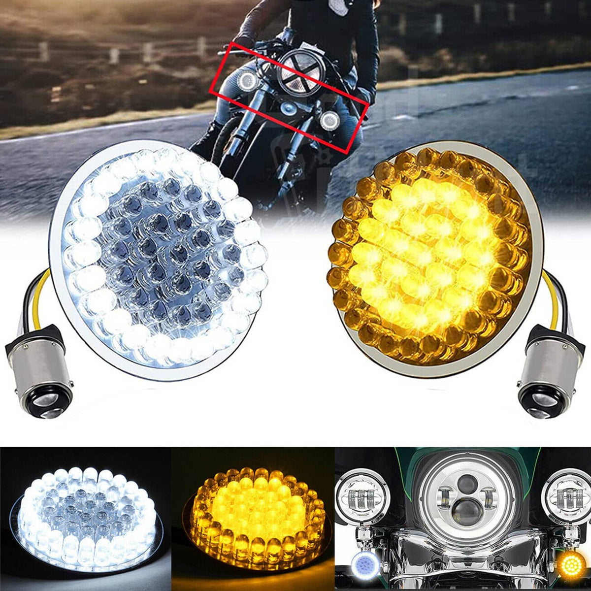 Round LED turn signal lights with clear lenses showing white and amber LED clusters