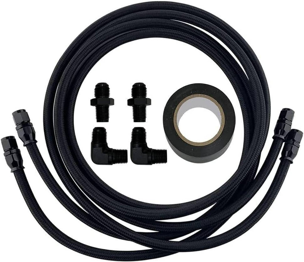 Automatic transmission cooler hose line kit with black braided hoses, elbow fittings, and seal