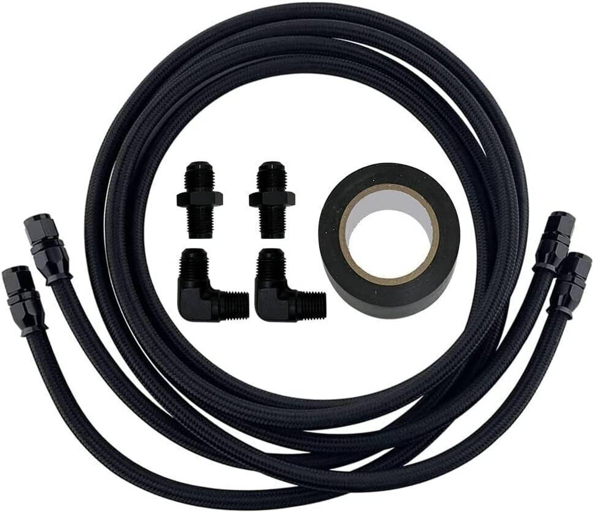 Automatic transmission cooler hose line kit with black braided hoses, elbow fittings, and seal