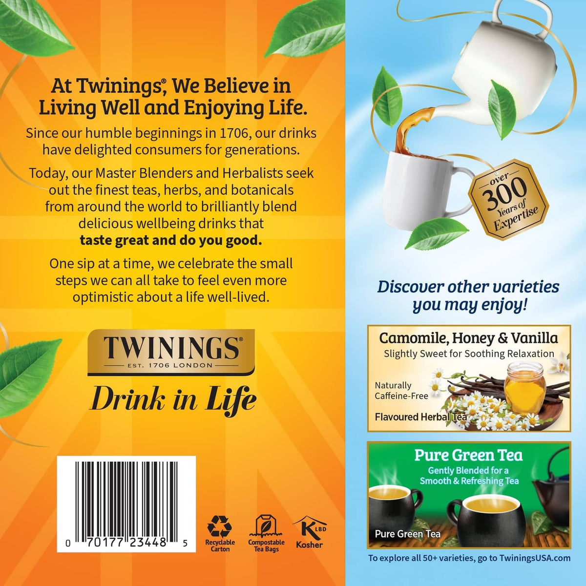 Twinings tea packaging panels with variety cards and camomile-honey flavor box