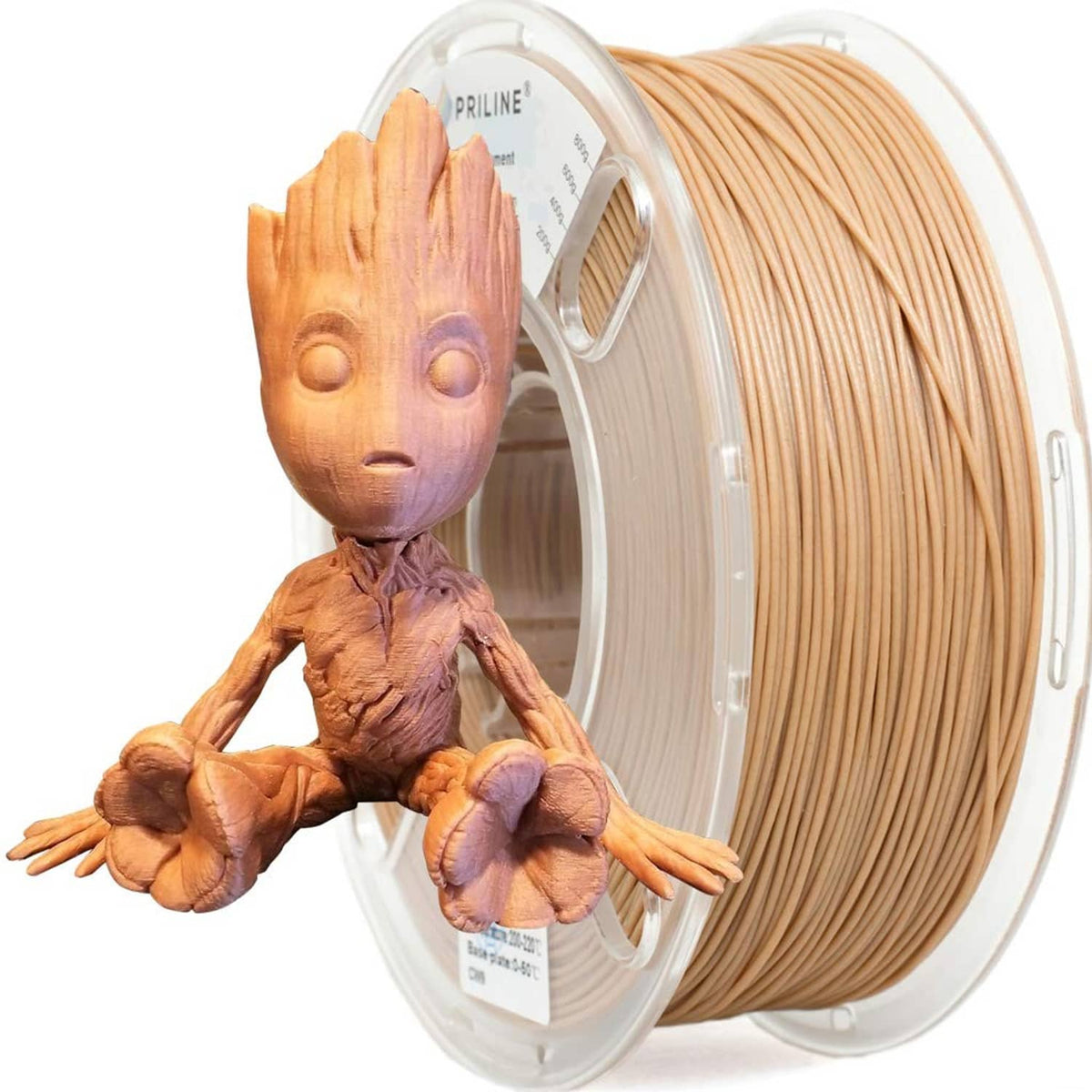 Wood 3D printer filament on clear spool, warm light-brown strands with label
