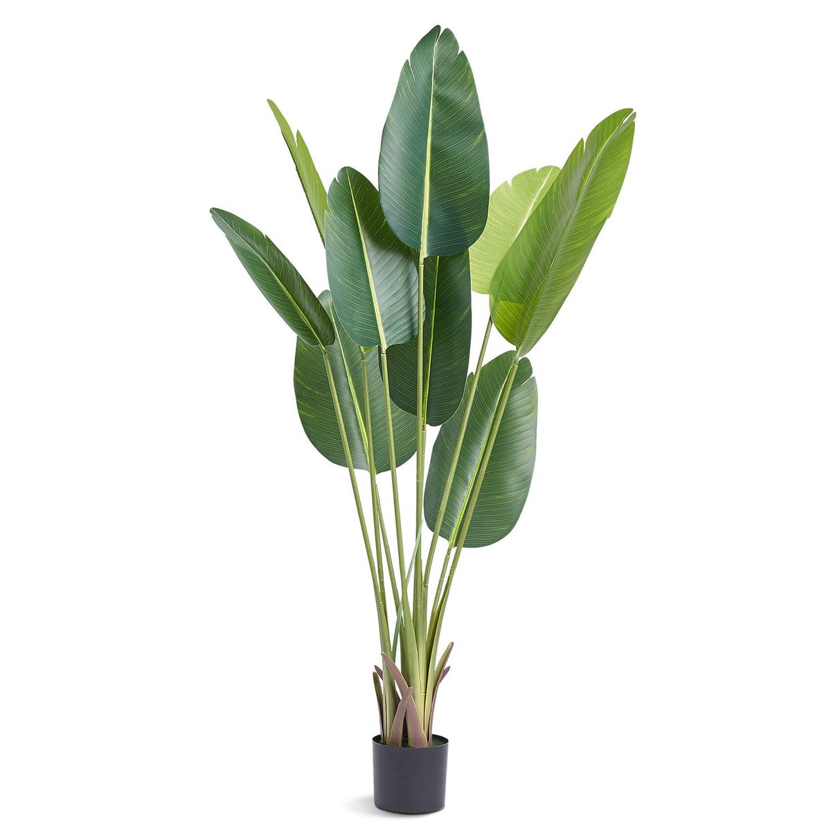 Artificial bird of paradise palm plant with dark pot and fan-shaped green leaves