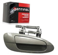 Pewter metallic exterior door handle with black trim, front passenger-side view.