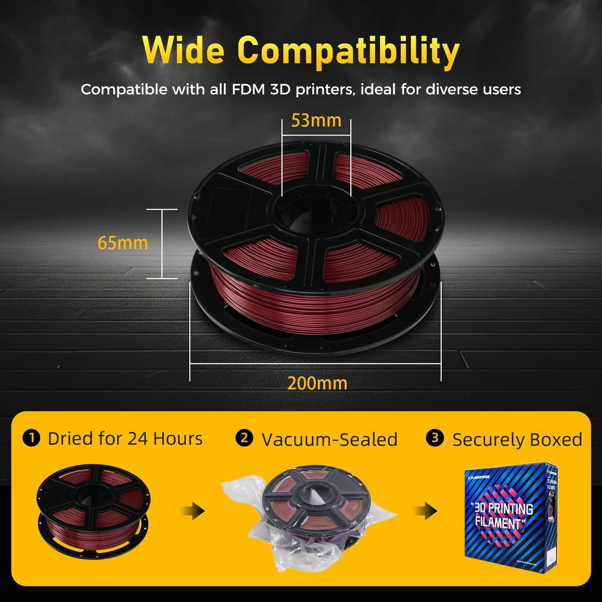 Red filament spool front view with dimension lines and boxed packaging icons