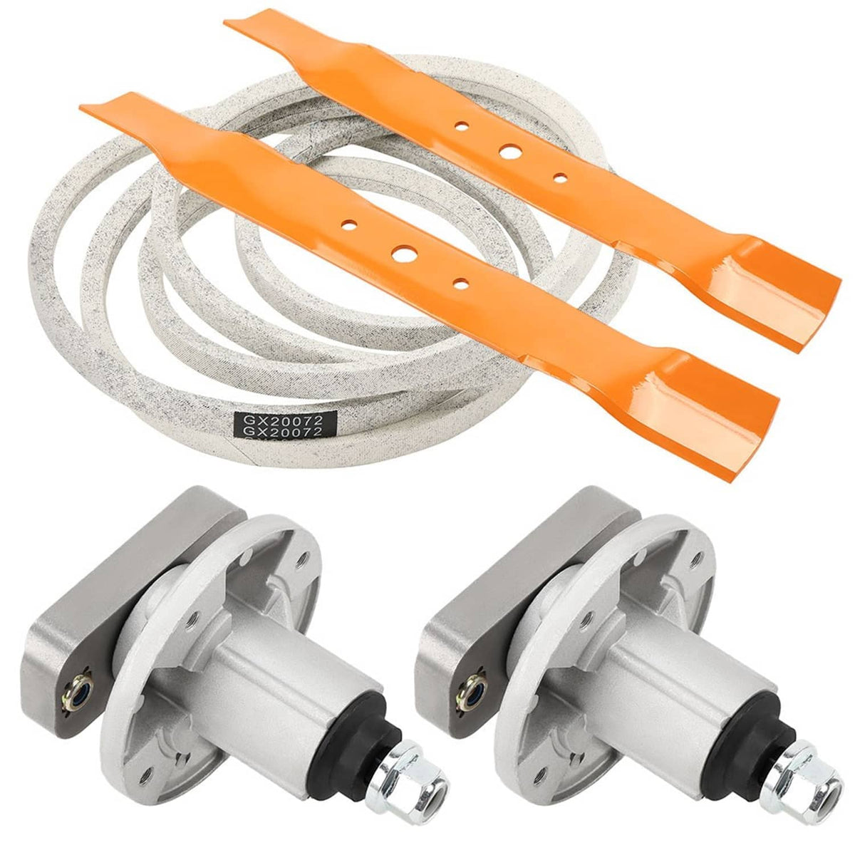 Deck spindle blade belt kit with orange deck blades and gray spindle assemblies