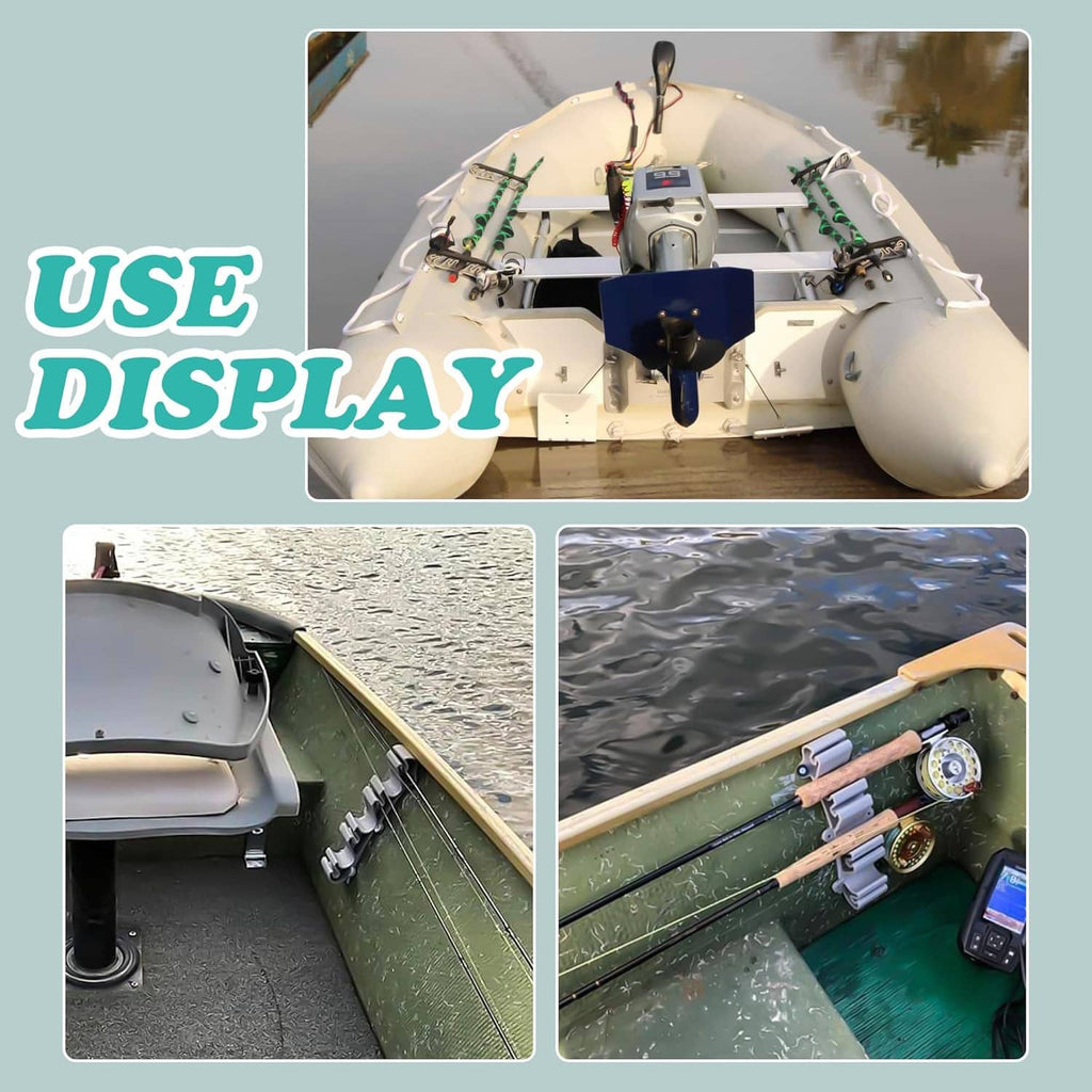 Fishing rod holders mounted on a boat deck with black brackets and gray insert cradles