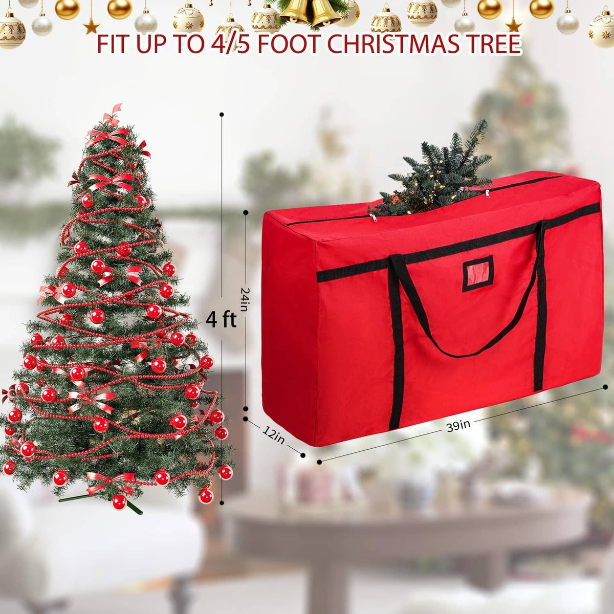 Red Christmas tree storage bag with black border, tote handle, and top zipper.
