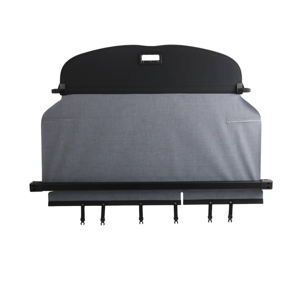 Black rear trunk security cargo cover shade with mounting rails and latch slot