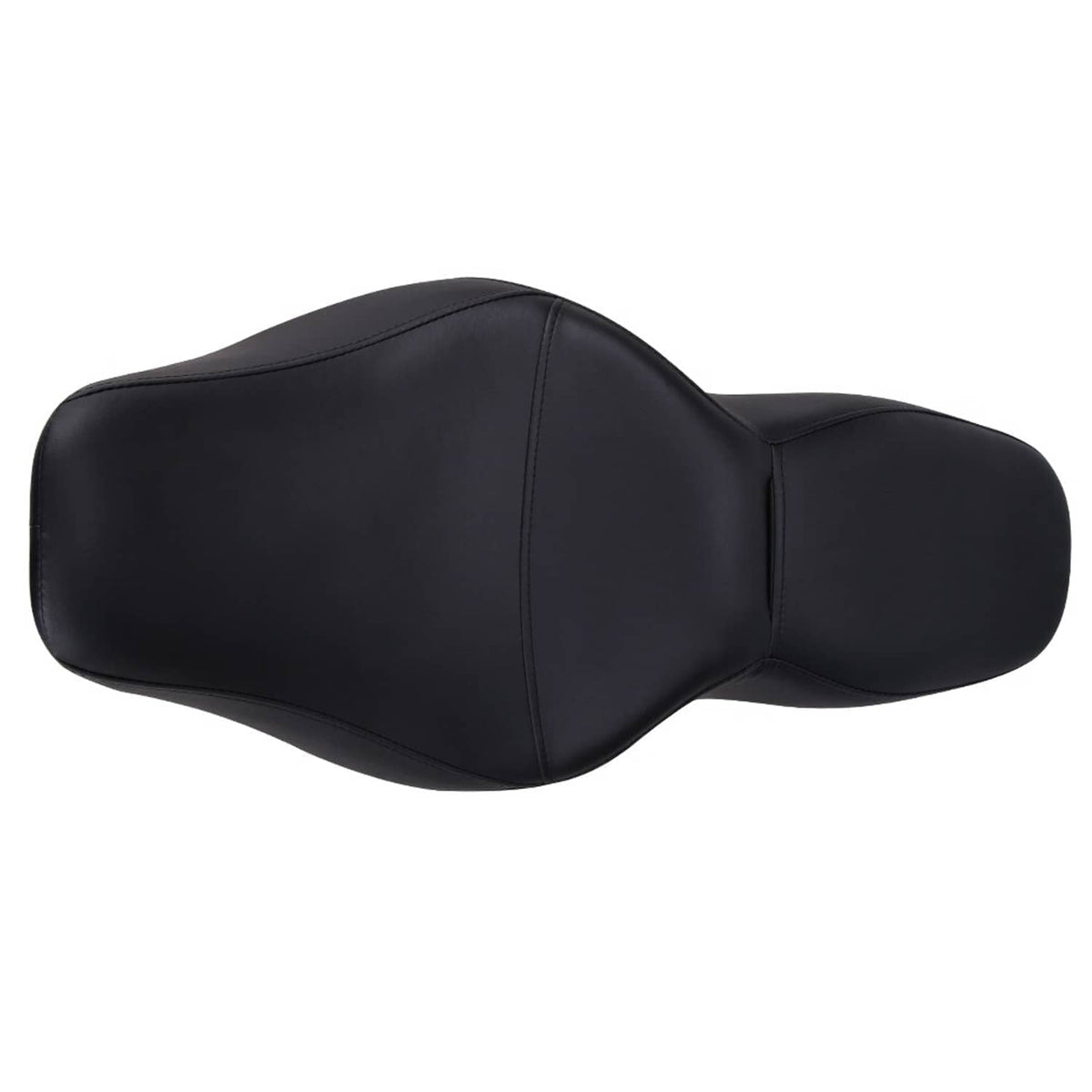 Black two-up motorcycle seat with rounded passenger section and side panel stitching