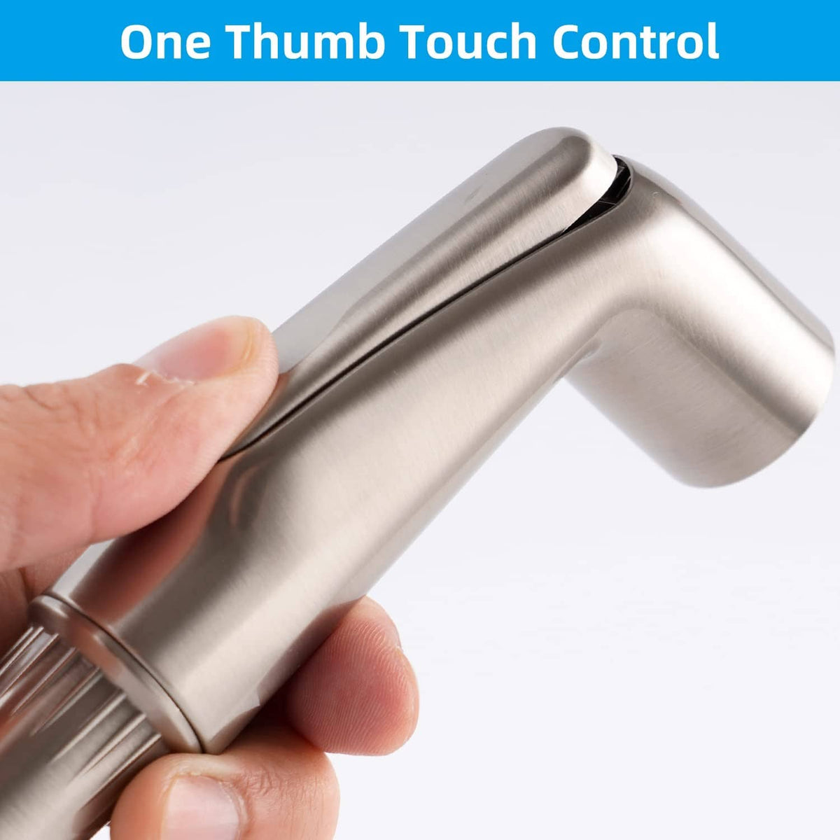 Brushed nickel sprayer handle with one-thumb touch control